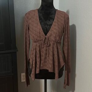 Madden Girl Lace Peplum Top Medium Brown Boho Y2K Bell Sleeve Tie Front